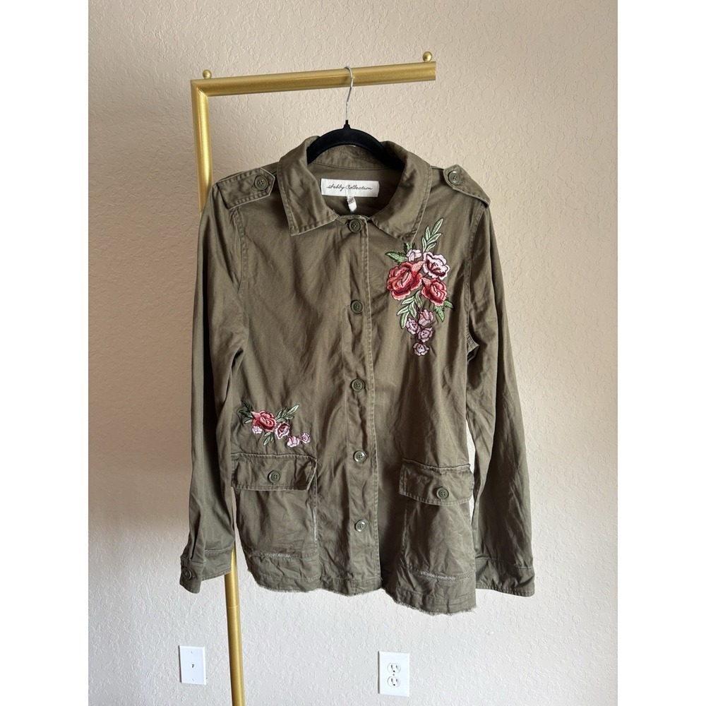 Sebby Women's Cotton Floral Utility Military Jacket Size L Green Grunge Y2K